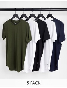 Jack & Jones - Confezione da 5 T-shirt taglio lungo multicolore con fondo arrotondato