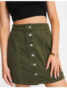 New Look - Minigonna di jeans svasata con bottoni sul davanti color kaki-Verde