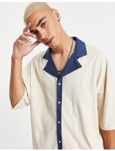 ASOS DESIGN - Camicia comoda in jersey beige con finiture blu navy-Neutro