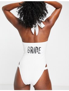Unique21 - Costume da bagno bianco da sposa con cut-out allacciato al collo