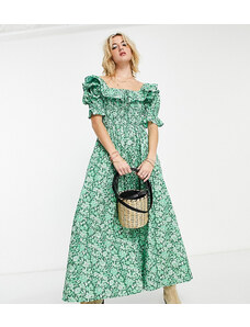Reclaimed Vintage Inspired - Vestito midi verde a fiori con maniche a sbuffo