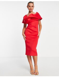 ASOS DESIGN - Vestito longuette monospalla con dettaglio voluminoso rosso-Rosa