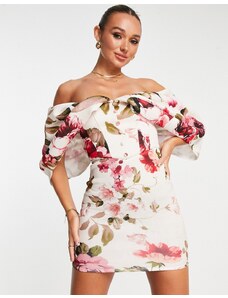 ASOS DESIGN - Vestito corto con corsetto e maniche drappeggiate a fiori rosa-Multicolore