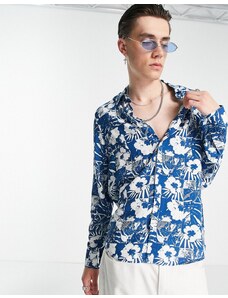 Devils Advocate - Camicia oversize blu a fiori con maniche lunghe