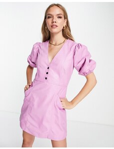 Muubaa - Vestito corto in pelle rosa acceso con maniche a sbuffo