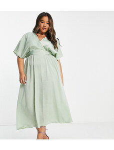 Flounce London Plus - Vestito midi in raso color salvia con maniche a kimono-Verde