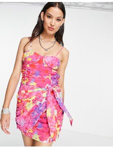Bershka - Vestito corto aperto dietro arricciato a fiori vivaci-Multicolore