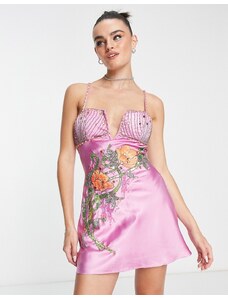 ASOS DESIGN - Vestito corto con taglio sbieco in raso con decorazioni a fiori-Rosa