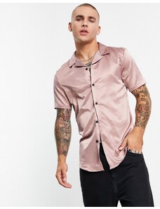 ASOS DESIGN - Camicia skinny in raso con rever rosa pallido