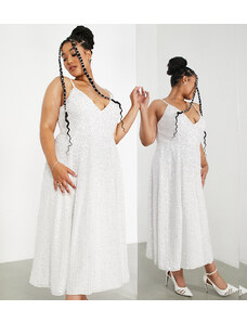 ASOS Curve ASOS Edition Curve - Eva - Vestito midi da sposa decorato con spalline sottili-Bianco