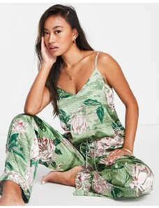 River Island - Top del pigiama in raso verde a fiori con spalline