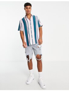 ASOS DESIGN - Camicia comoda a righe bianca e verde-azzurro-Bianco