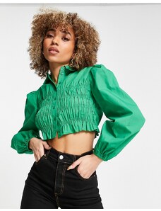 Topshop - Camicia in popeline verde arriccaita stile anni '70 con colletto