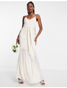 Hope & Ivy Bridal - Vestito lungo da sposa trasparente ricamato color avorio annodato al collo-Bianco