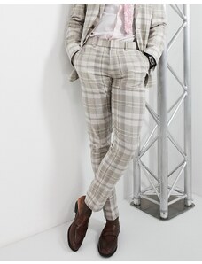 ASOS DESIGN - Pantaloni da abito skinny in misto lino color pietra a quadri-Neutro