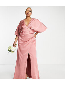 ASOS Curve ASOS DESIGN Curve - Vestito lungo da damigella in raso rosa crepuscolare con gonna drappeggiata e maniche stile kimono