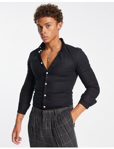 New Look - Camicia Oxford a maniche lunghe nera attillata-Nero