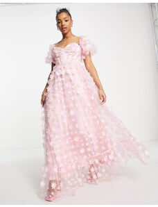 Maya - Vestito lungo a corsetto rosa con fiori 3D