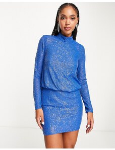 ASOS DESIGN - Vestito corto accollato decorato con paillettes blu