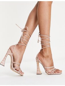 Glamorous - Sandali con tacco allacciati alla caviglia color cipria effetto coccodrillo-Rosa