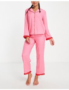 ASOS DESIGN - Mix & Match - Camicia del pigiama in modal rosa e rossa con volant a contrasto
