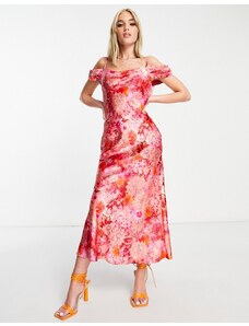 Hope & Ivy - Vestito midi con spalle scoperte in raso rosso e rosa a fiori