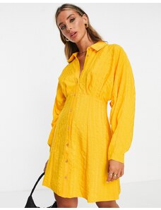 ASOS DESIGN - Vestito camicia corto giallo testurizzato a righe con maniche voluminose