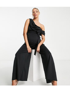 ASOS Maternity ASOS DESIGN Maternity - Tuta jumpsuit monospalla in tessuto scuba nera a fondo ampio con cintura-Nero