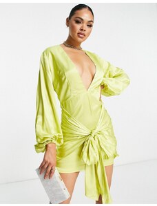 Esclusiva Collective The Label - Vestito corto in raso color lime con scollo profondo e allacciatura sul davanti-Verde