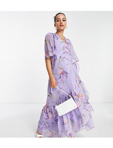 Hope & Ivy Maternity - Vestito lungo a portafoglio viola a fiori con maniche con volant-Bianco