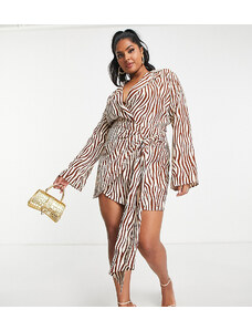 In The Style Plus x Billie Faiers - Vestito a portafoglio con volant e stampa leopardata marrone-Multicolore