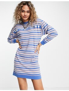 Love Moschino - Vestito lavorato a maglia color cammello multicolore a righe con logo-Blu