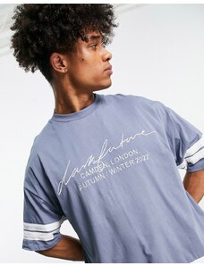 ASOS DESIGN ASOS Dark Future - T-shirt oversize blu ardesia con fondo e polsini a righe a contrasto con logo ricamato