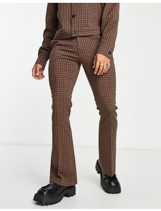 ASOS DESIGN - Pantaloni eleganti a zampa marroni con motivo geometrico a quadri in coordinato-Marrone