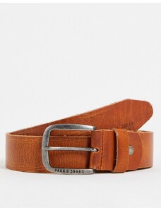 Jack & Jones - Cintura in pelle liscia marrone con fibbia e logo