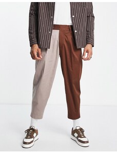ASOS DESIGN - Pantaloni eleganti in cotone marrone tono su tono con design combinato e gambe oversize a palloncino