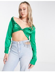 Rebellious Fashion - Crop top in raso verde annodato sul davanti