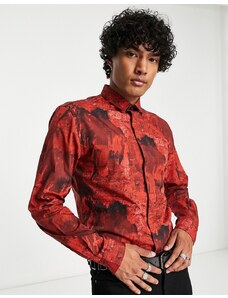 Twisted Tailor - Cates - Camicia bordeaux con stampa distorta e colletto con rever-Rosso