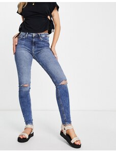 Only - Jeans skinny a vita alta con dettagli effetto invecchiato sulle ginocchia lavaggio medio-Blu
