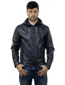 Leather Trend Terminator - Giacca Uomo con Cappuccio Blu in vera pelle