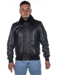 Leather Trend Pilota - Bomber Uomo Nero in vera pelle con collo in vero montone nero