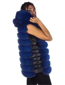 Leather Trend Arianna - Smanicato Donna Blu in vera pelliccia con cappuccio