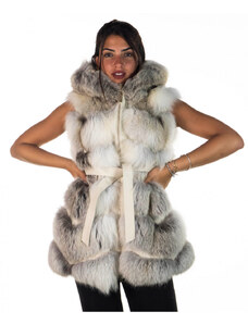 Leather Trend Ines - Smanicato Donna Bianco in vera pelliccia con cappuccio