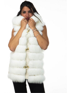 Leather Trend Arianna - Smanicato Donna Bianco in vera pelliccia con cappuccio