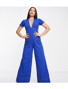 ASOS DESIGN Tall - Tuta jumpsuit in twill blu con fondo ampio e colletto