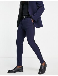 ASOS DESIGN - Pantaloni super skinny da smoking blu navy con riga laterale in raso