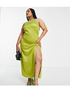 Extro & Vert Plus - Vestito monospalla lungo con spacco in raso verde oliva