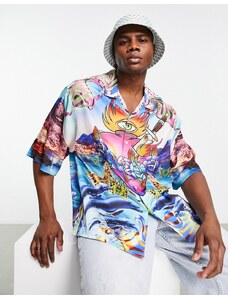 ASOS DESIGN - Camicia oversize con spalle scivolate e rever con stampa vivace-Multicolore