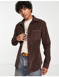 ASOS DESIGN - Camicia skinny in velluto a coste marrone con colletto stile anni '70
