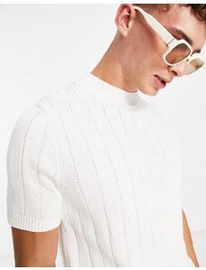 Topman - T-Shirt a maniche corte con cuciture miste e collo alto écru-Bianco